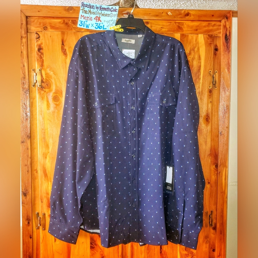 Reaction Kenneth Cole Mobility Woven Navy Blue Micro Dot Dress Button Down Shirt